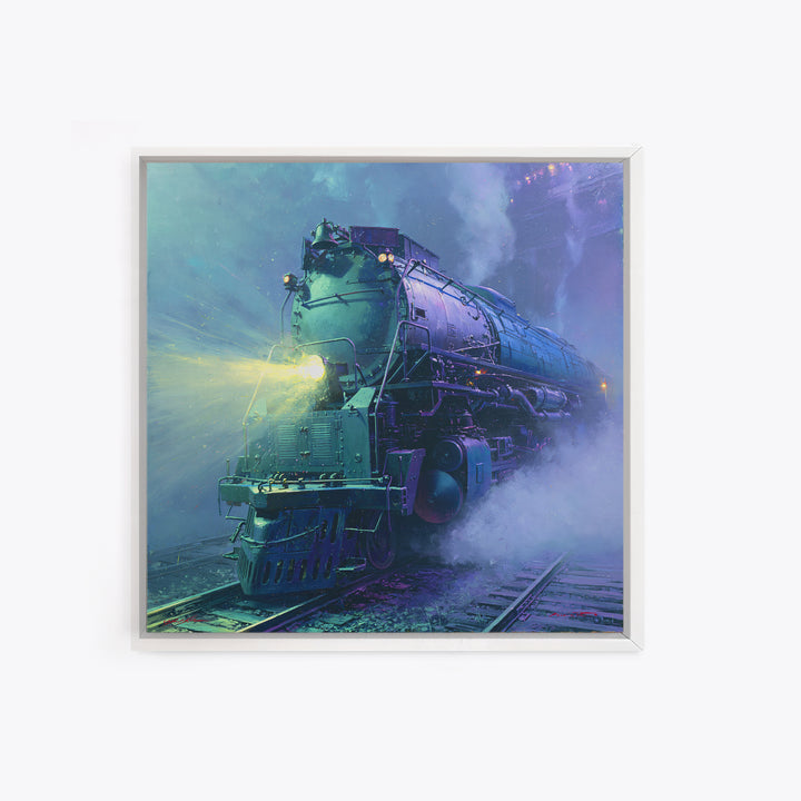 Steam Locomotive Racing Through Fog Canvas Print, Steampunk Art, Dark Art, Living Room Decor, Oil Painting, Mechanic, STE-1x1-54