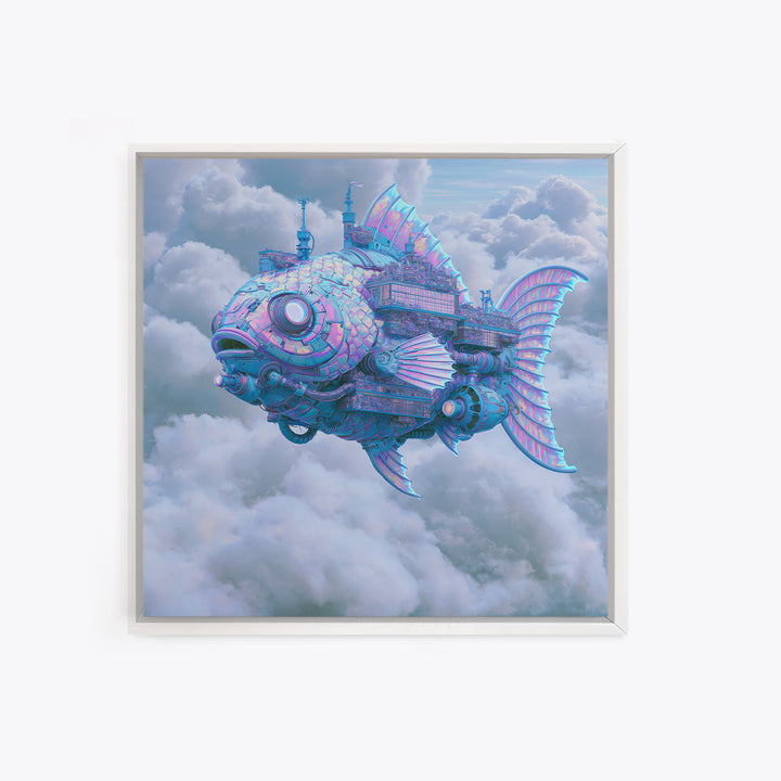Mechanical Fish Swimming Through Clouds Framed Canvas Print, Steampunk Art, Steampunk Decor, Living Room Decor, Mechanic, STE-1x1-70