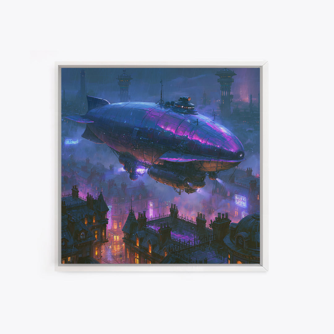 Airship Floating Above Victorian City Roofs Framed Canvas Print, Steampunk Art, Fine Art Print, Living Room Decor, Mechanic, STE-1x1-74