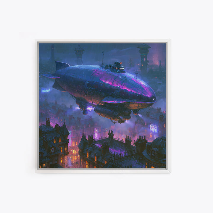 Airship Floating Above Victorian City Roofs Framed Canvas Print, Steampunk Art, Fine Art Print, Living Room Decor, Mechanic, STE-1x1-74