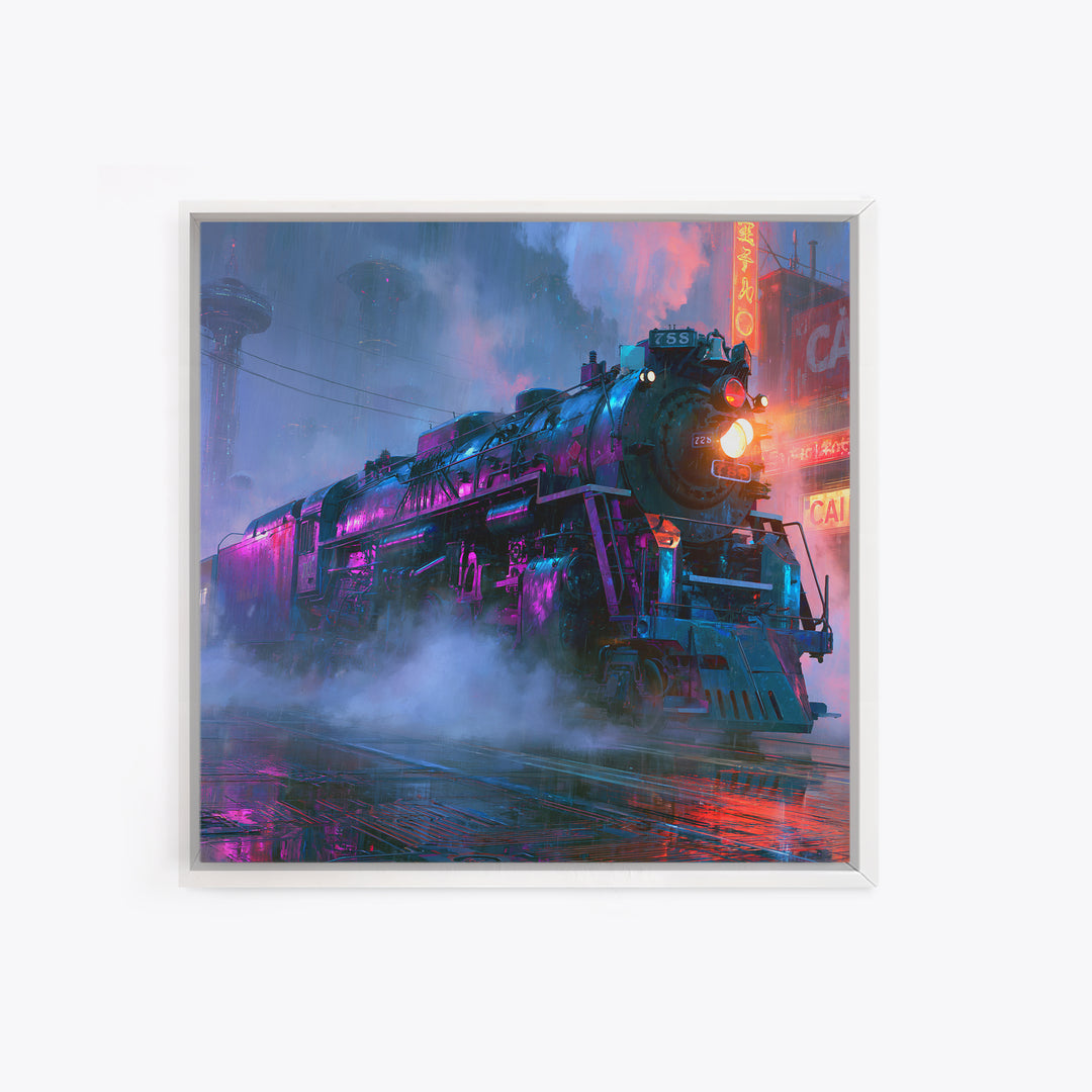 Steam Locomotive Racing Through Fog Framed Canvas Print, Steampunk Art, Statement Artwork, Living Room Decor, Mechanic, STE-1x1-78