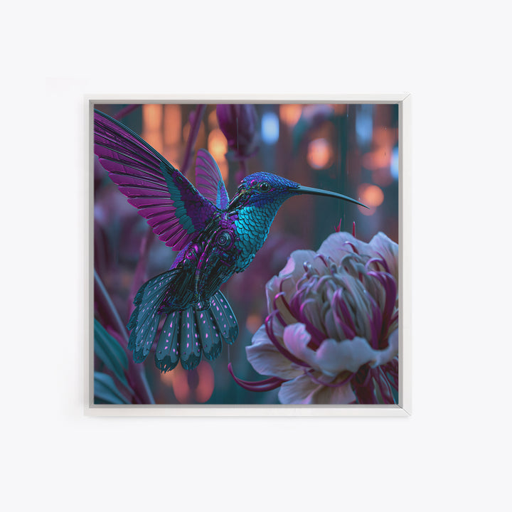 Mechanical Hummingbird Hovering Near Flower Canvas Print, Steampunk Art, Wall Decor, Living Room Decor, Oil Painting, Mechanic, STE-1x1-81