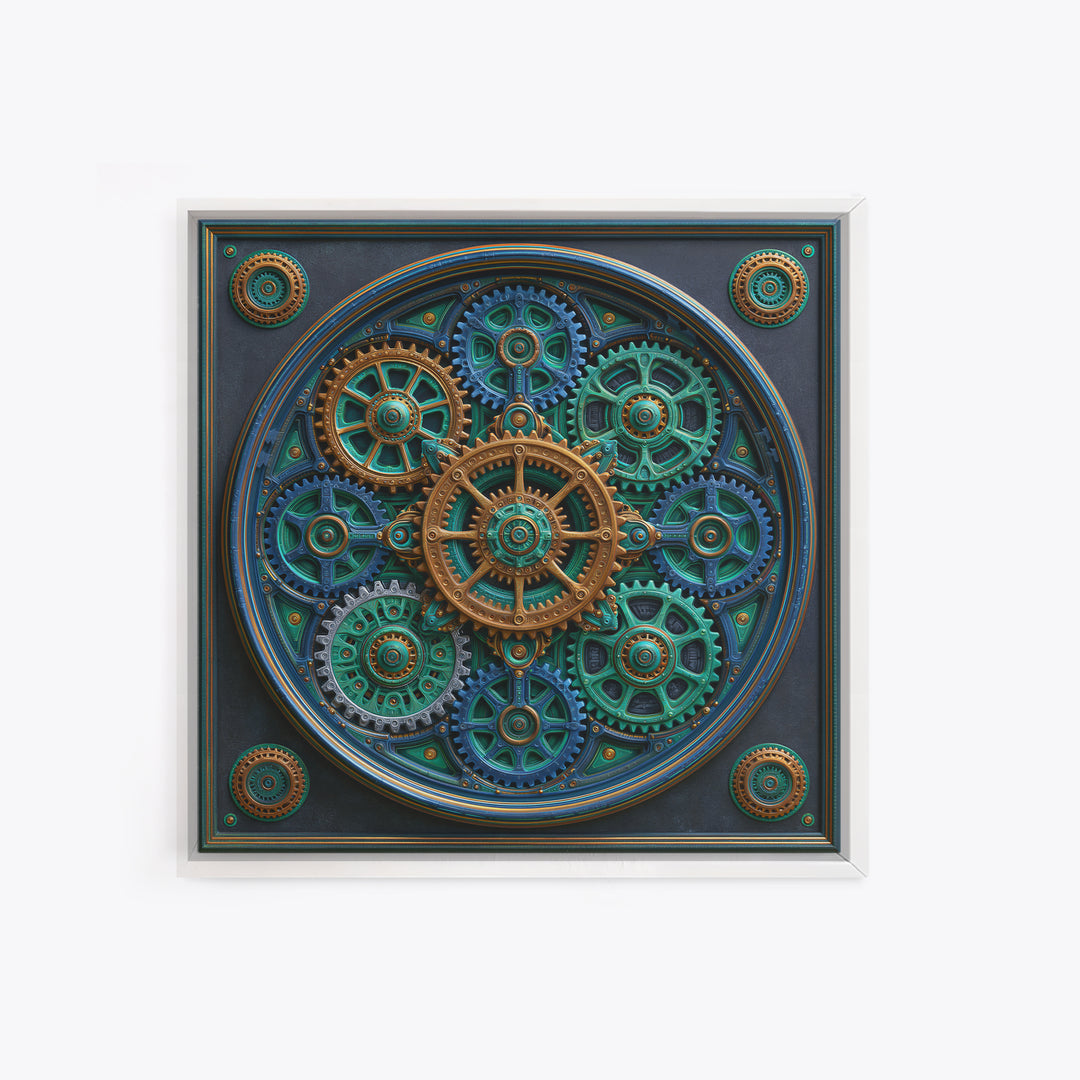 Cogwheel Mandala in Bronze and Teal Framed Canvas Print, Steampunk Art, Minimalist Decor, Living Room Decor, Fine Art, Mechanic, STE-1x1-88