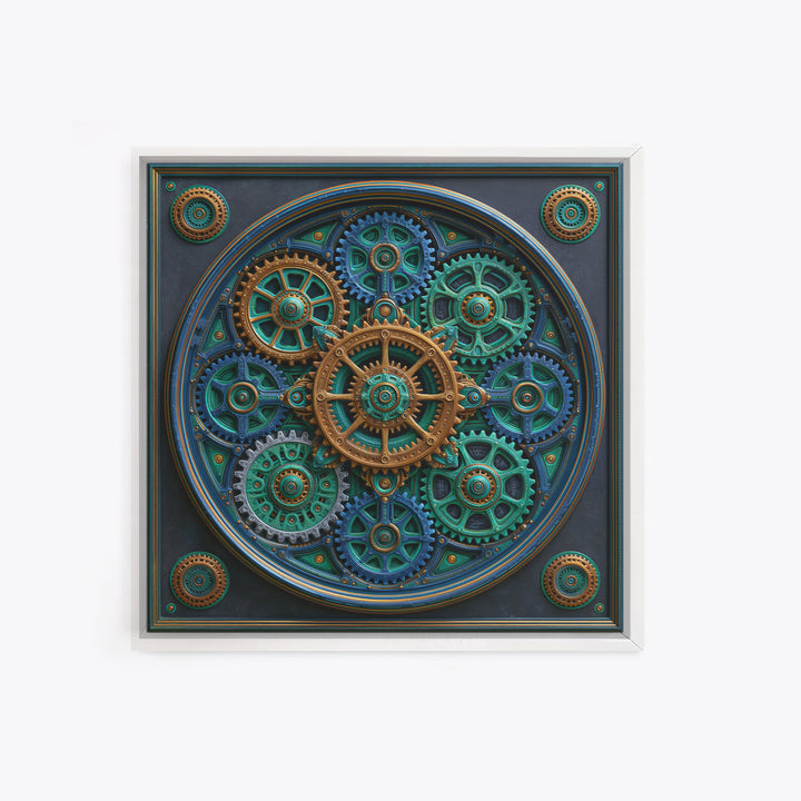 Cogwheel Mandala in Bronze and Teal Framed Canvas Print, Steampunk Art, Minimalist Decor, Living Room Decor, Fine Art, Mechanic, STE-1x1-88