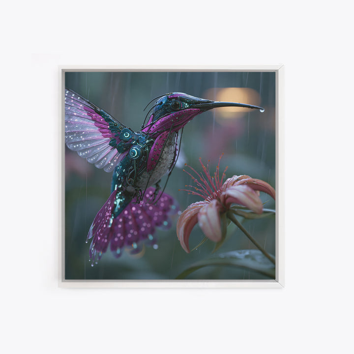 Mechanical Hummingbird Hovering Near Flower Canvas Print, Steampunk Art, Statement Artwork, Living Room Decor, Mechanic, STE-1x1-9