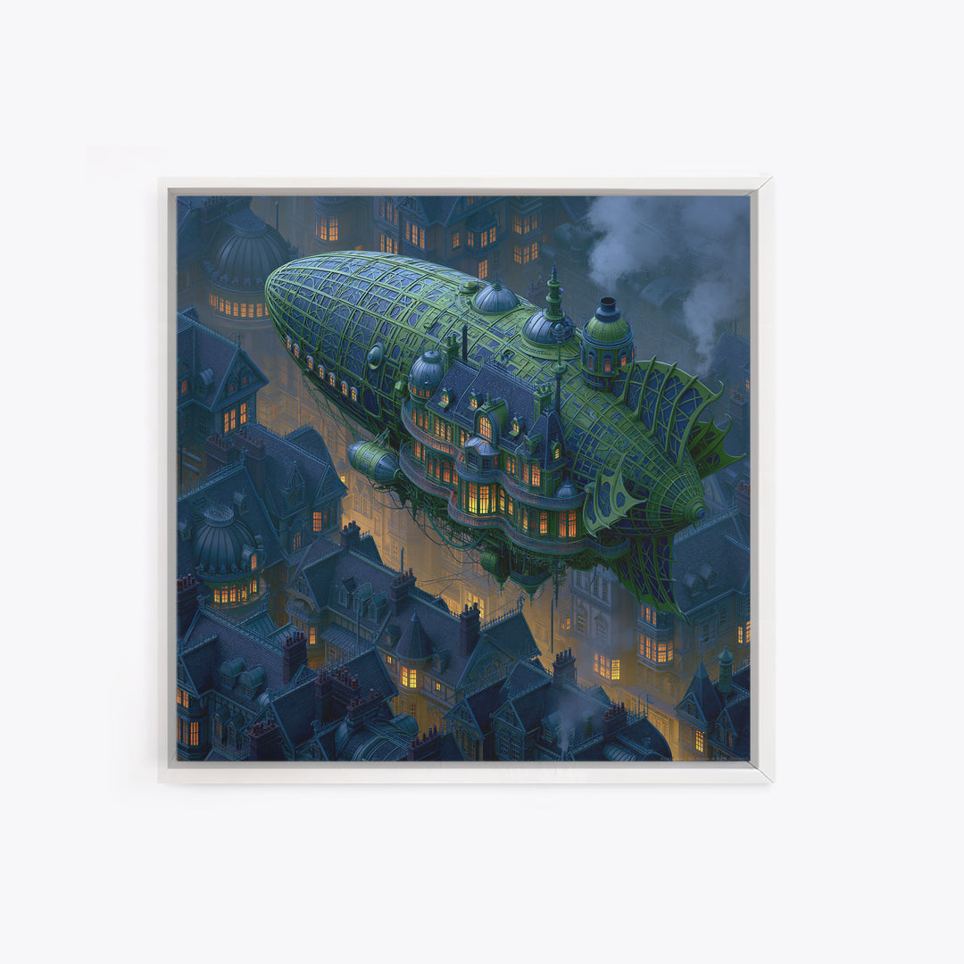 Airship Floating Above Victorian City Roofs Canvas Print, Steampunk Art, Textured Painting, Living Room Decor, Mechanic, STE-1x1-98