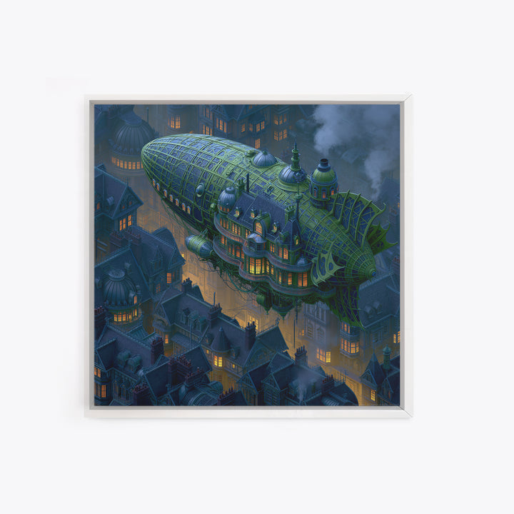 Airship Floating Above Victorian City Roofs Canvas Print, Steampunk Art, Textured Painting, Living Room Decor, Mechanic, STE-1x1-98