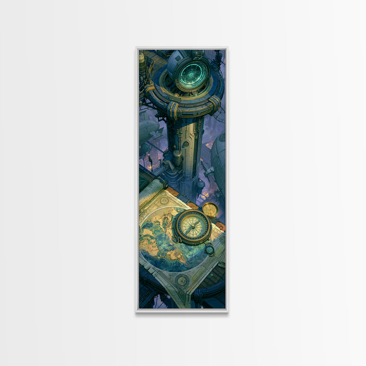 Airship Captain Map and Compass Still Life Framed Canvas Print, Steampunk Art, Dark Art, Living Room Decor, Oil Painting, STE-1x3-54