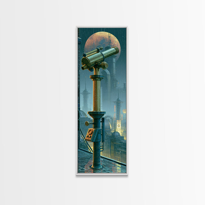 Brass Telescope Aimed at Copper Moon Canvas Print, Steampunk Art, Canvas Art, Living Room Decor, Abstract Art, Mechanic, STE-1x3-60