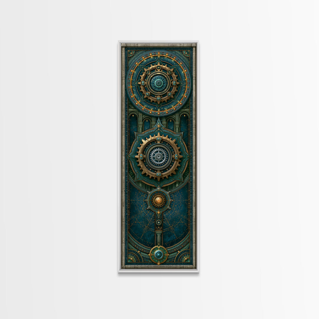 Cogwheel Mandala in Bronze and Teal Framed Canvas Print, Steampunk Art, Cat Art, Living Room Decor, Oil Painting, Mechanic, STE-1x3-76
