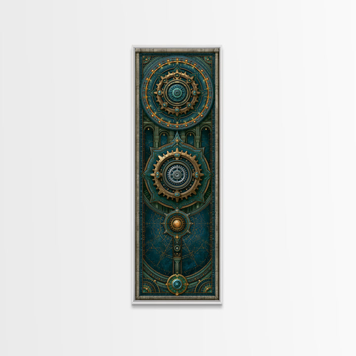 Cogwheel Mandala in Bronze and Teal Framed Canvas Print, Steampunk Art, Cat Art, Living Room Decor, Oil Painting, Mechanic, STE-1x3-76