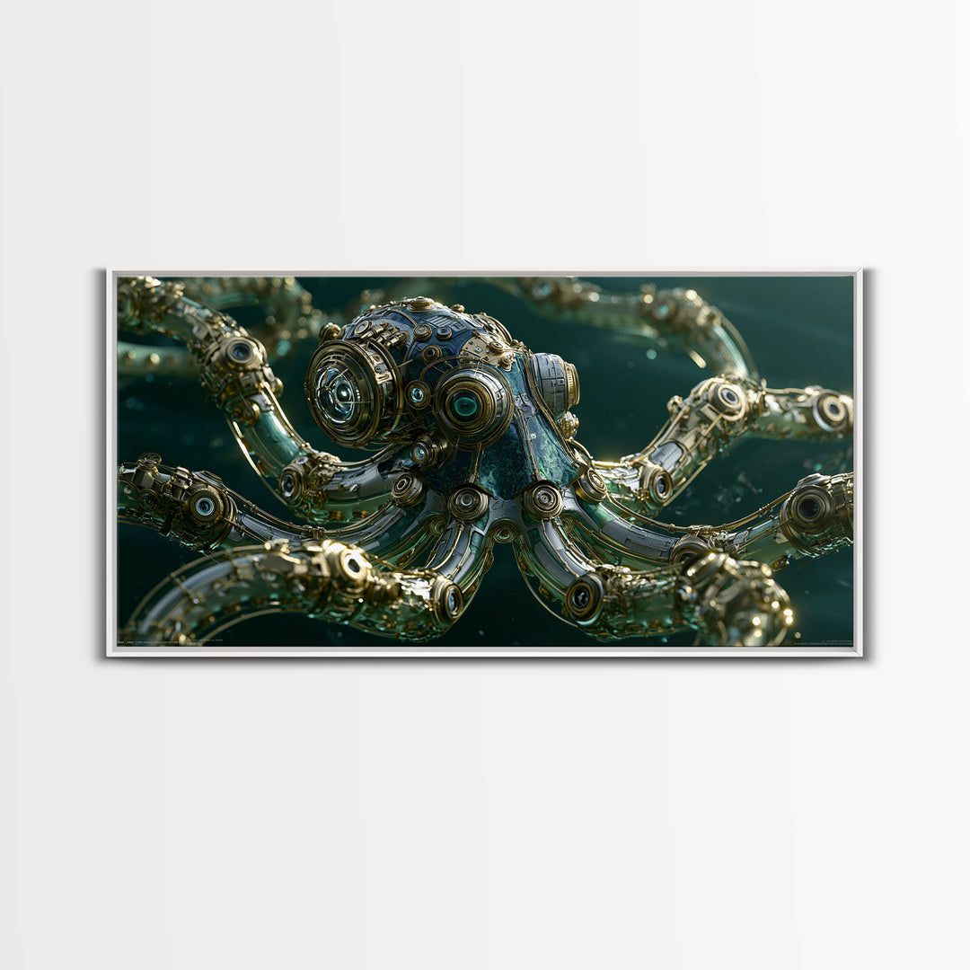 Steampunk Octopus with Brass Tentacles Framed Canvas Print, Steampunk Art, Steampunk, Living Room Decor, Fine Art, Mechanic, STE-2x1-1