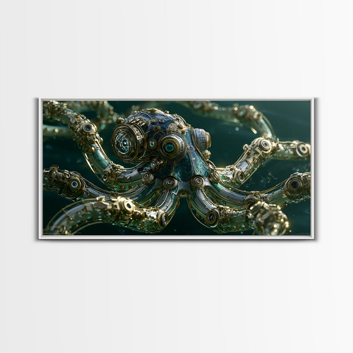Steampunk Octopus with Brass Tentacles Framed Canvas Print, Steampunk Art, Steampunk, Living Room Decor, Fine Art, Mechanic, STE-2x1-1