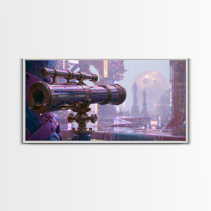 Brass Telescope Aimed at Copper Moon Framed Canvas Print, Steampunk Art, Statement Artwork, Living Room Decor, Mechanic, STE-2x1-20