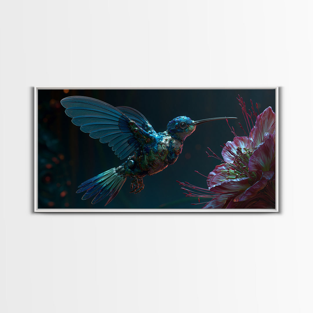 Mechanical Hummingbird Hovering Near Flower Canvas Print, Steampunk Art, Original Art, Living Room Decor, Mechanic, Dark Art, STE-2x1-29