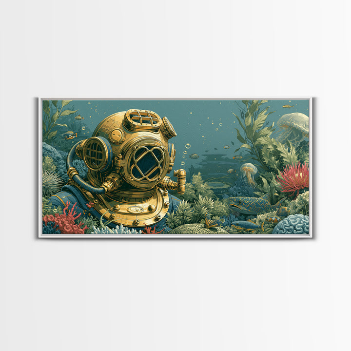 Brass Diving Helmet Canvas Print, Steampunk Art, Wall Art, Living Room Decor, Oil Painting, Mechanic, Ai Art, Digital Print, STE-2x1-32