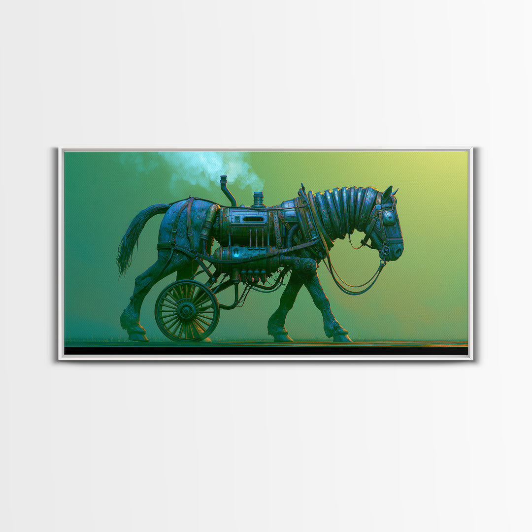 Steam Powered Horse Framed Canvas Print, Steampunk Art, Wall Art, Living Room Decor, Oil Painting, Mechanic, Ai Art, STE-2x1-35