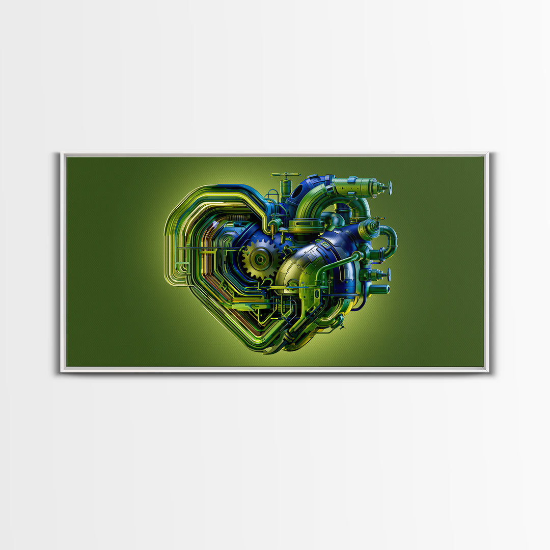 Gear Heart with Pipes and Valves Framed Canvas Print, Steampunk Art, Digital Print, Living Room Decor, Fine Art, Mechanic, STE-2x1-88