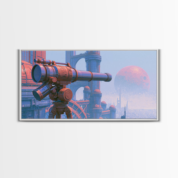 Brass Telescope Aimed at Copper Moon Framed Canvas Print, Steampunk Art, Printable Art, Living Room Decor, Oil Painting, STE-2x1-92