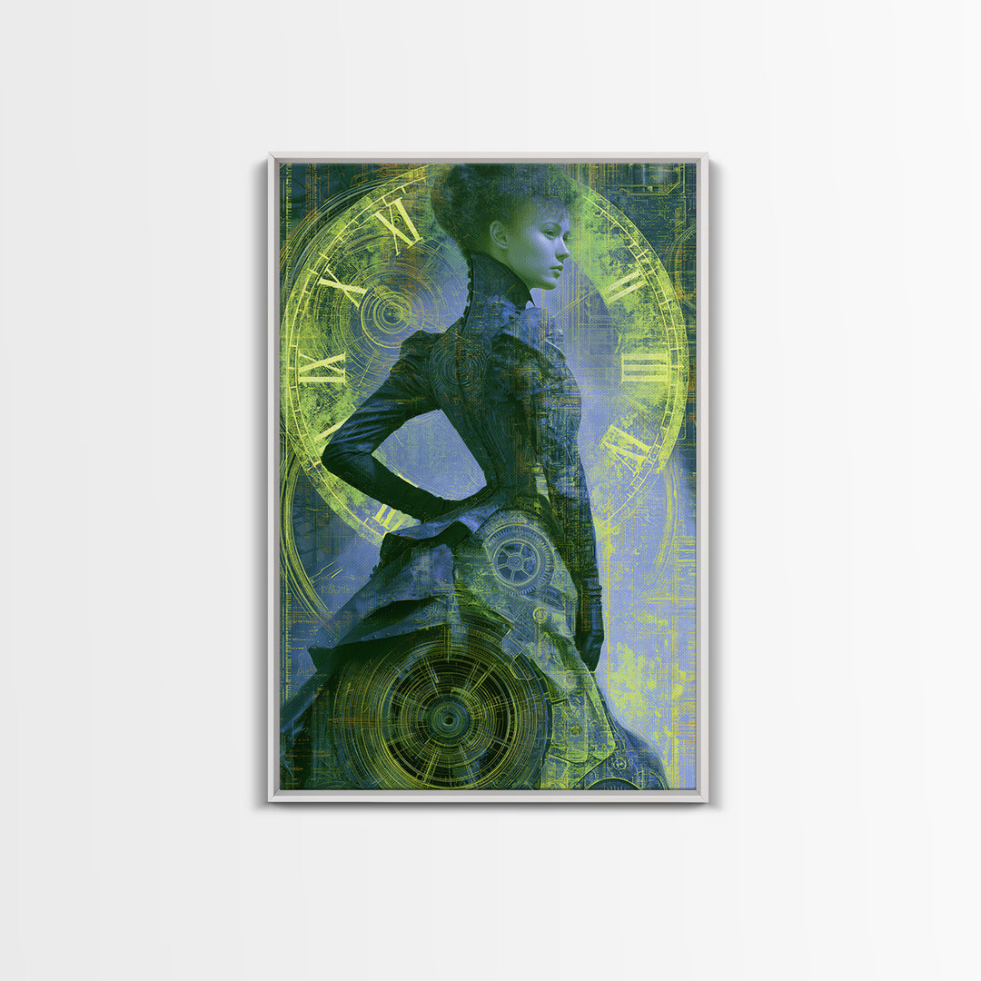 Victorian Lady with Clockwork Dress Details Framed Canvas Print, Steampunk Art, Steampunk, Living Room Decor, Mechanic, STE-2x3-1