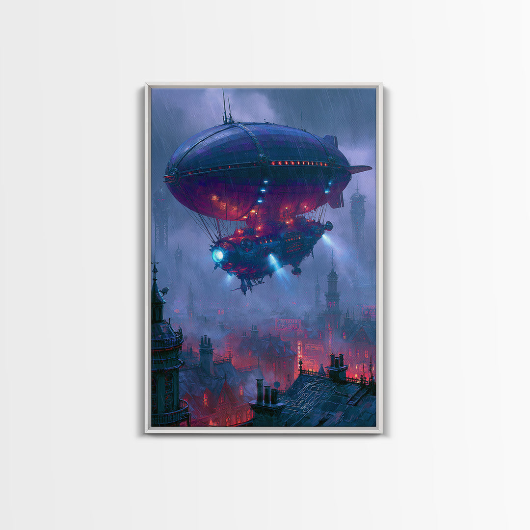 Airship Floating Above Victorian City Roofs Canvas Print, Steampunk Art, Contemporary Art, Living Room Decor, Mechanic, STE-2x3-10