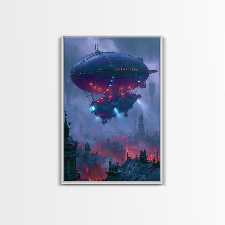 Airship Floating Above Victorian City Roofs Canvas Print, Steampunk Art, Contemporary Art, Living Room Decor, Mechanic, STE-2x3-10