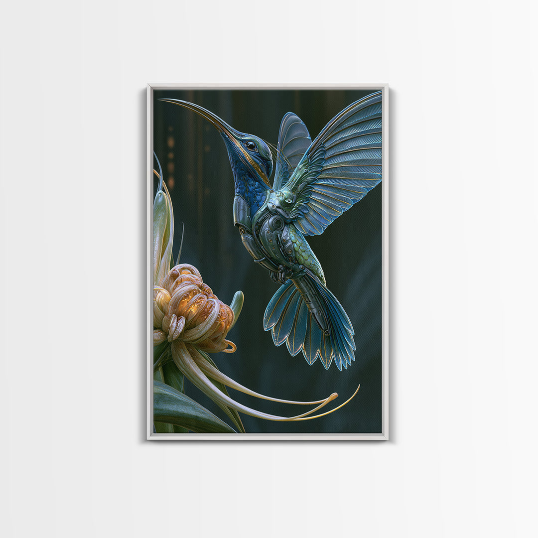 Mechanical Hummingbird Hovering Near Flower Framed Canvas Print, Steampunk Art, Canvas Art, Living Room Decor, Mechanic, STE-2x3-17