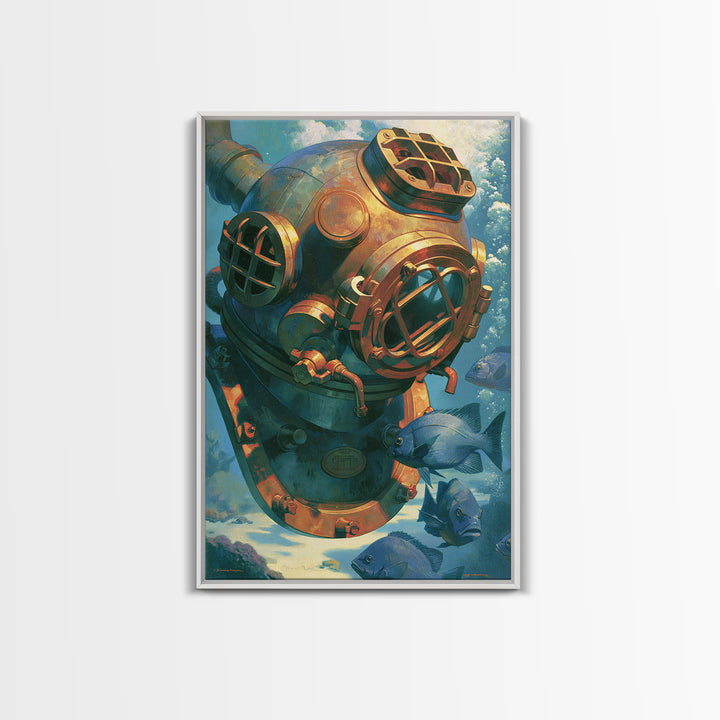 Brass Diving Helmet Framed Canvas Print, Steampunk Art, Printable Art, Living Room Decor, Oil Painting, Mechanic, STE-2x3-20