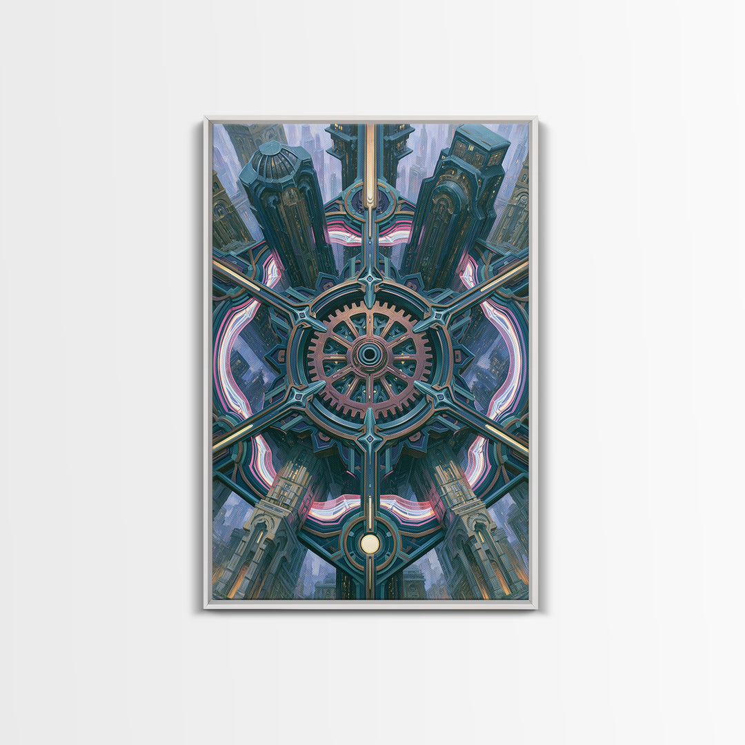 Cogwheel Mandala in Bronze and Teal Framed Canvas Print, Steampunk Art, Modern Decor, Living Room Decor, Fine Art, Mechanic, STE-2x3-24