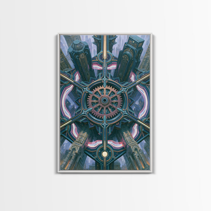 Cogwheel Mandala in Bronze and Teal Framed Canvas Print, Steampunk Art, Modern Decor, Living Room Decor, Fine Art, Mechanic, STE-2x3-24