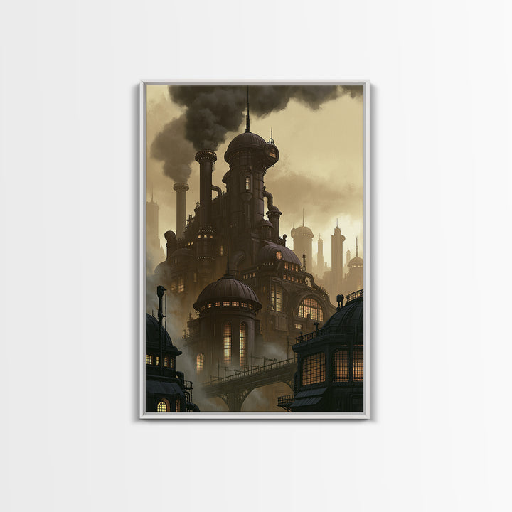 Steam Powered City Skyline Canvas Print, Steampunk Art, Original Art, Living Room Decor, Abstract Art, Mechanic, Cat Art, STE-2x3-29