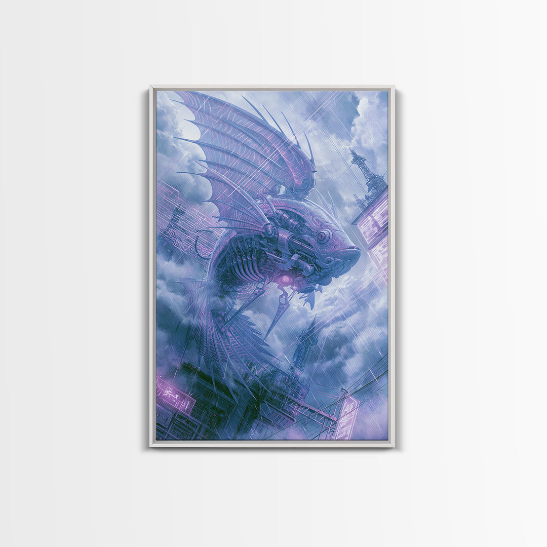Mechanical Fish Swimming Through Clouds Framed Canvas Print, Steampunk Art, Minimalist Decor, Living Room Decor, Mechanic, STE-2x3-30