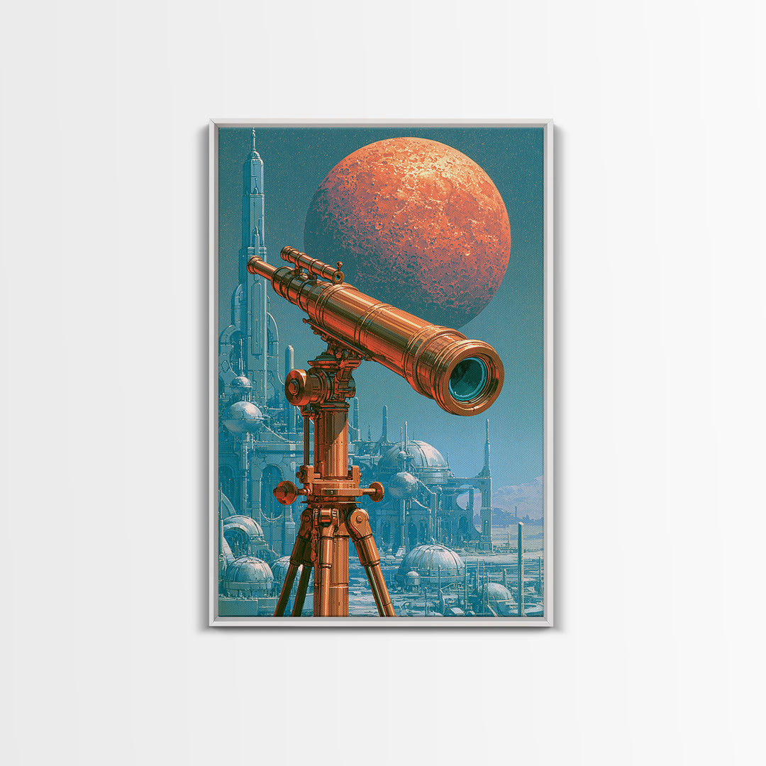 Brass Telescope Aimed at Copper Moon Canvas Print, Steampunk Art, Statement Artwork, Living Room Decor, Fine Art, Mechanic, STE-2x3-32