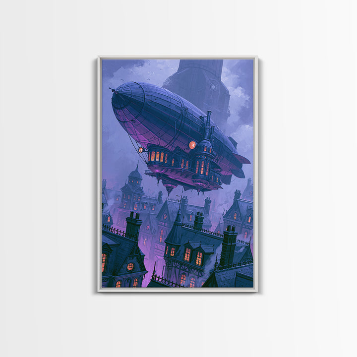 Airship Floating Above Victorian City Roofs Framed Canvas Print, Steampunk Art, Art Print, Living Room Decor, Mechanic, STE-2x3-34