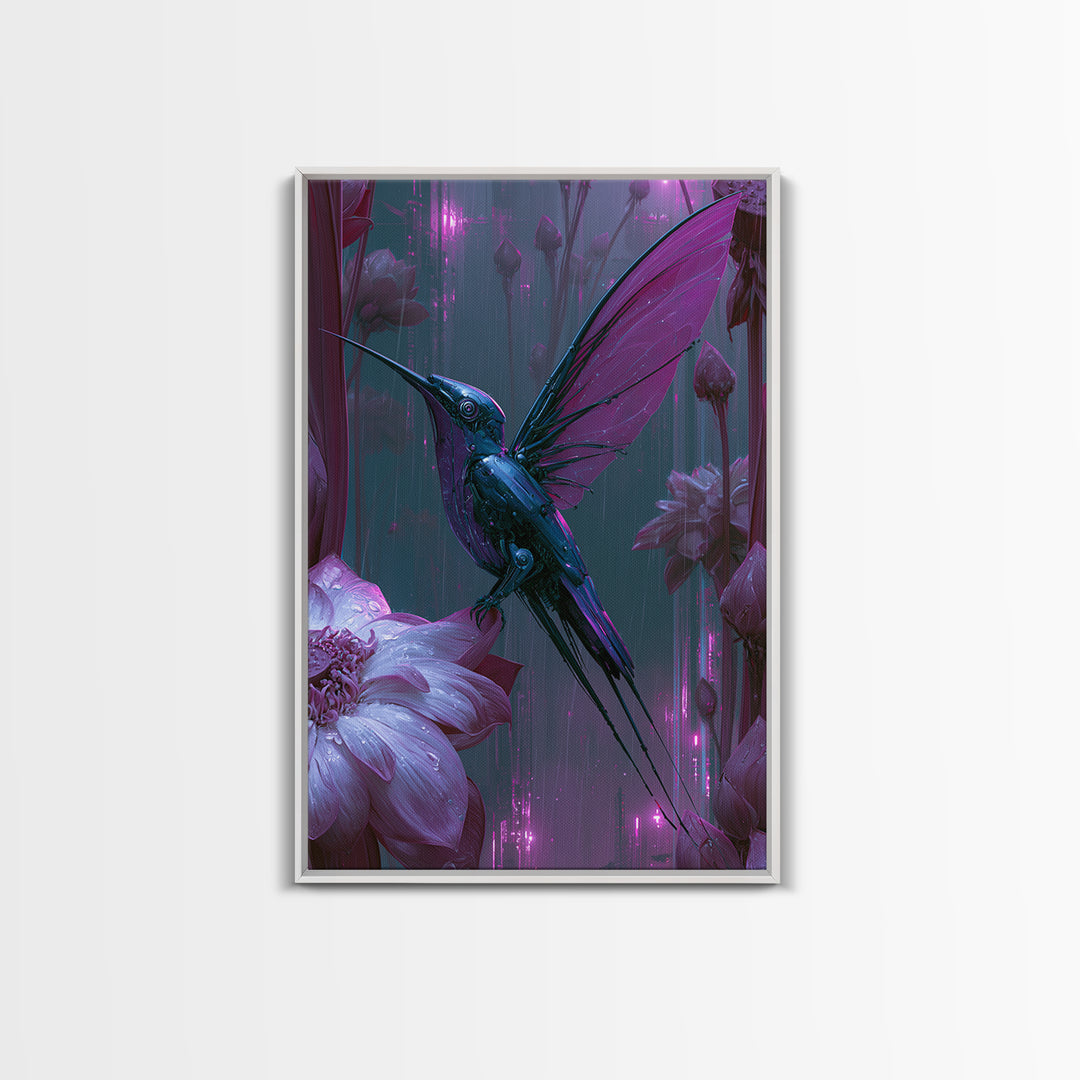 Mechanical Hummingbird Hovering Near Flower Framed Canvas Print, Steampunk Art, Canvas Art, Living Room Decor, Mechanic, STE-2x3-41