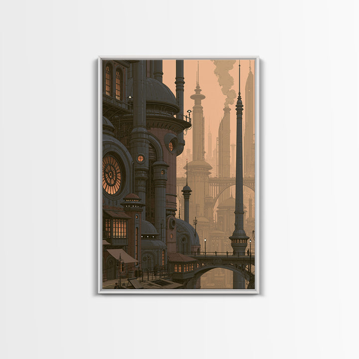 Steam Powered City Skyline Canvas Print, Steampunk Art, Original Art, Living Room Decor, Abstract Art, Mechanic, Cat Art, STE-2x3-5