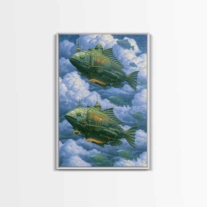Mechanical Fish Swimming Through Clouds Canvas Print, Steampunk Art, Halloween Decor, Living Room Decor, Fine Art, Mechanic, STE-2x3-54