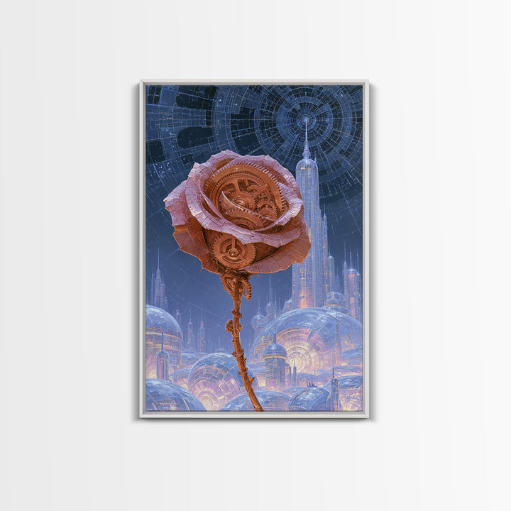 Mechanical Rose Made of Copper Gears Framed Canvas Print, Steampunk Art, Printable Art, Living Room Decor, Oil Painting, STE-2x3-59