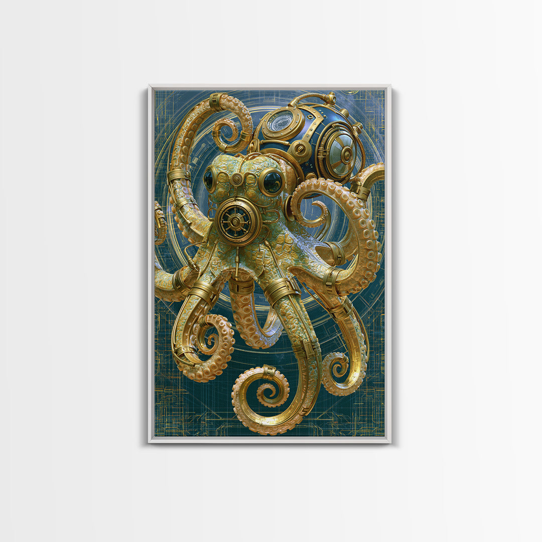 Steampunk Octopus with Brass Tentacles Canvas Print, Steampunk Art, Boho Wall Art, Living Room Decor, Fine Art, Mechanic, STE-2x3-61