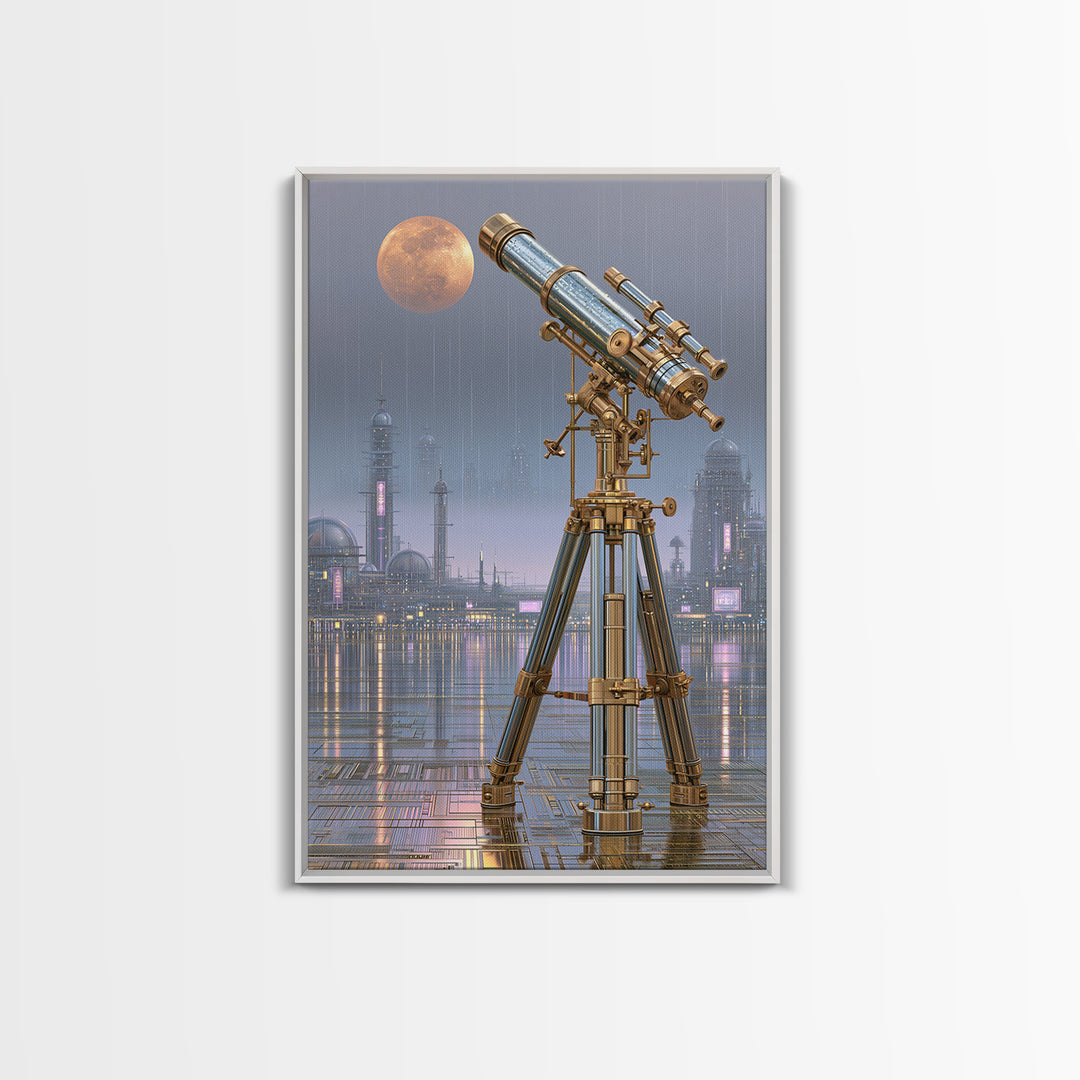 Brass Telescope Aimed at Copper Moon Framed Canvas Print, Steampunk Art, Dark Art, Living Room Decor, Oil Painting, Mechanic, STE-2x3-8
