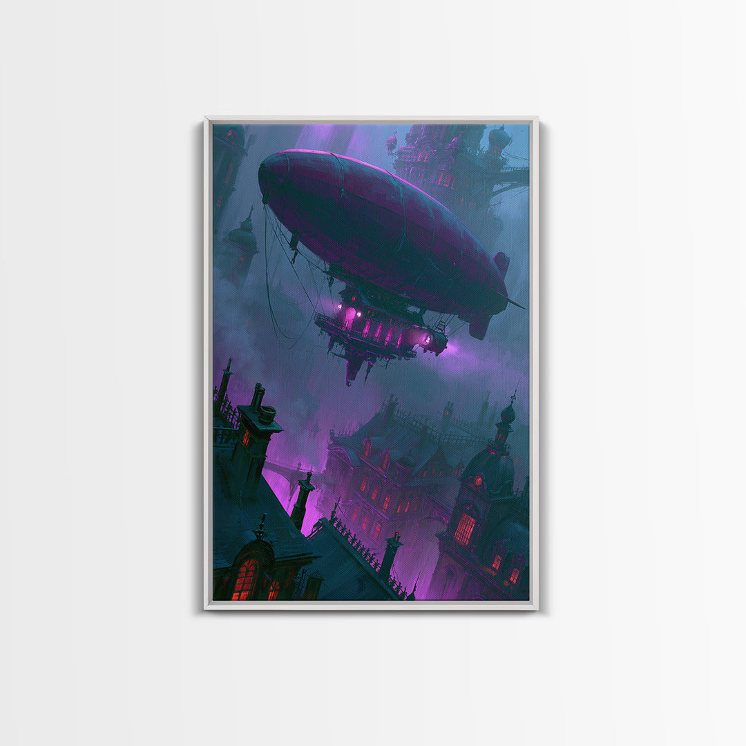Airship Floating Above Victorian City Roofs Canvas Print, Steampunk Art, Abstract Art, Living Room Decor, Fine Art, Mechanic, STE-2x3-82