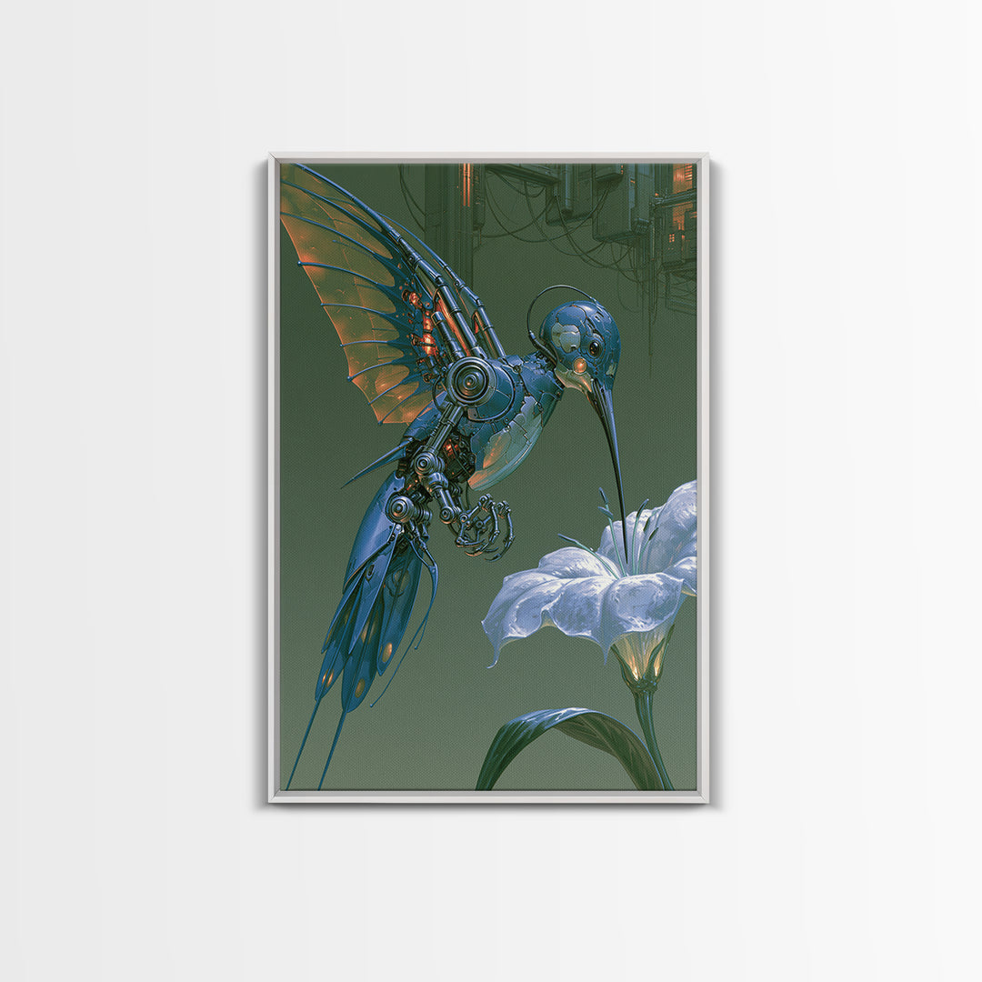 Mechanical Hummingbird Hovering Near Flower Canvas Print, Steampunk Art, Digital Download Art, Living Room Decor, Mechanic, STE-2x3-89