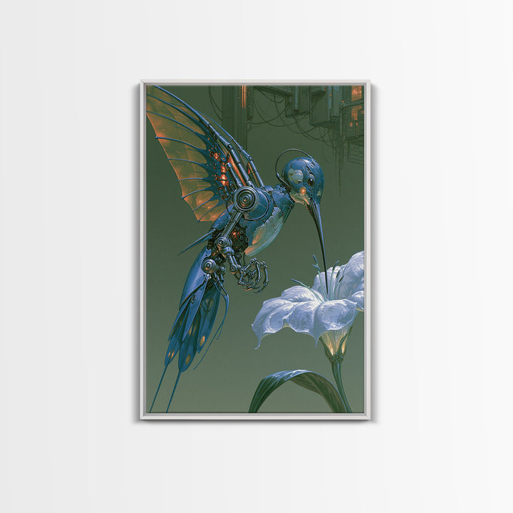 Mechanical Hummingbird Hovering Near Flower Canvas Print, Steampunk Art, Digital Download Art, Living Room Decor, Mechanic, STE-2x3-89