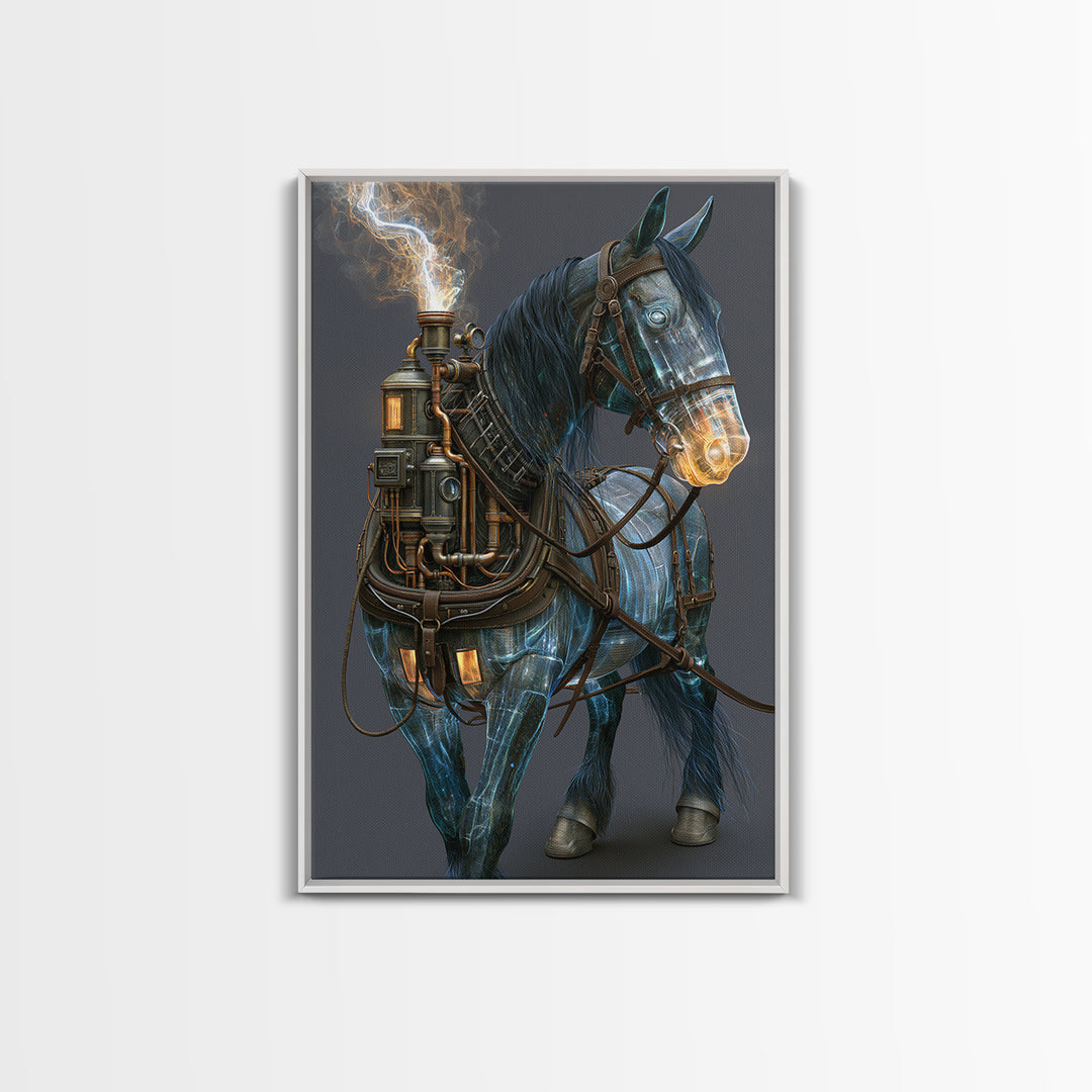 Steam Powered Horse Canvas Print, Steampunk Art, Dark Art, Living Room Decor, Oil Painting, Mechanic, Minimalist Decor, STE-2x3-95