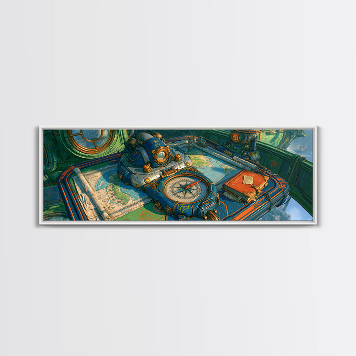 Airship Captain Map and Compass Still Life Framed Canvas Print, Steampunk Art, Digital Art, Living Room Decor, Mechanic, STE-3x1-10