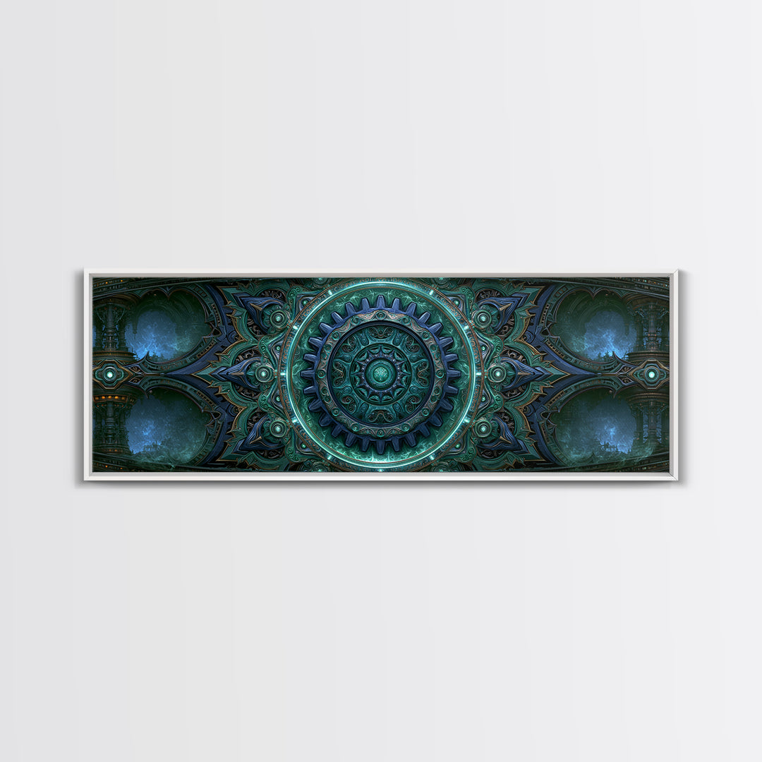 Cogwheel Mandala in Bronze and Teal Framed Canvas Print, Steampunk Art, Abstract Art Print, Living Room Decor, Watercolor Art, STE-3x1-32