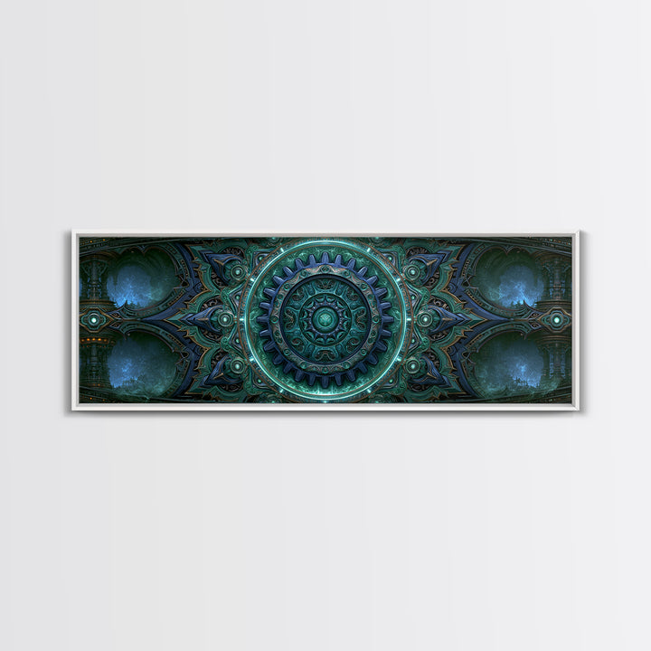 Cogwheel Mandala in Bronze and Teal Framed Canvas Print, Steampunk Art, Abstract Art Print, Living Room Decor, Watercolor Art, STE-3x1-32