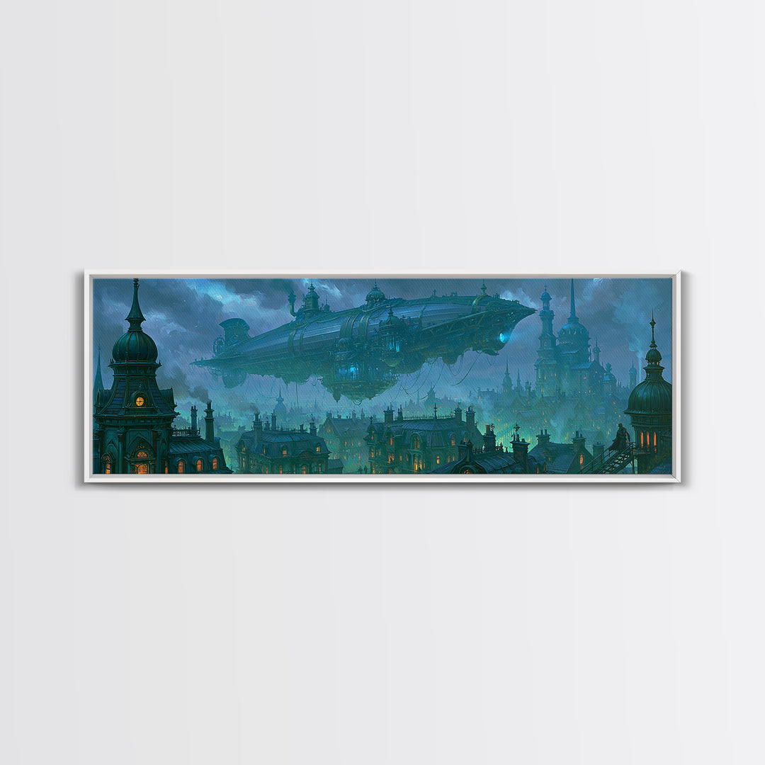Airship Floating Above Victorian City Roofs Canvas Print, Steampunk Art, Whimsigoth Decor, Living Room Decor, Mechanic, STE-3x1-42