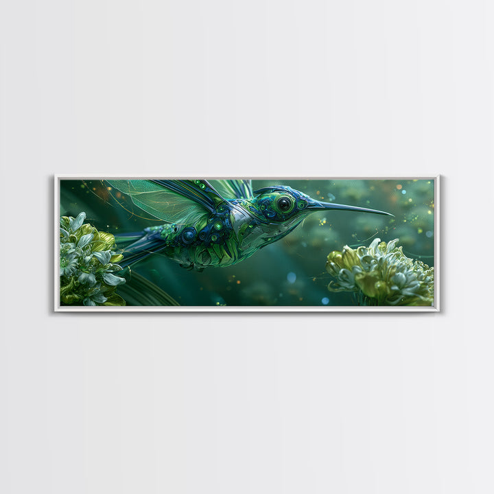 Mechanical Hummingbird Hovering Near Flower Framed Canvas Print, Steampunk Art, Neutral Decor, Living Room Decor, Oil Painting, STE-3x1-73