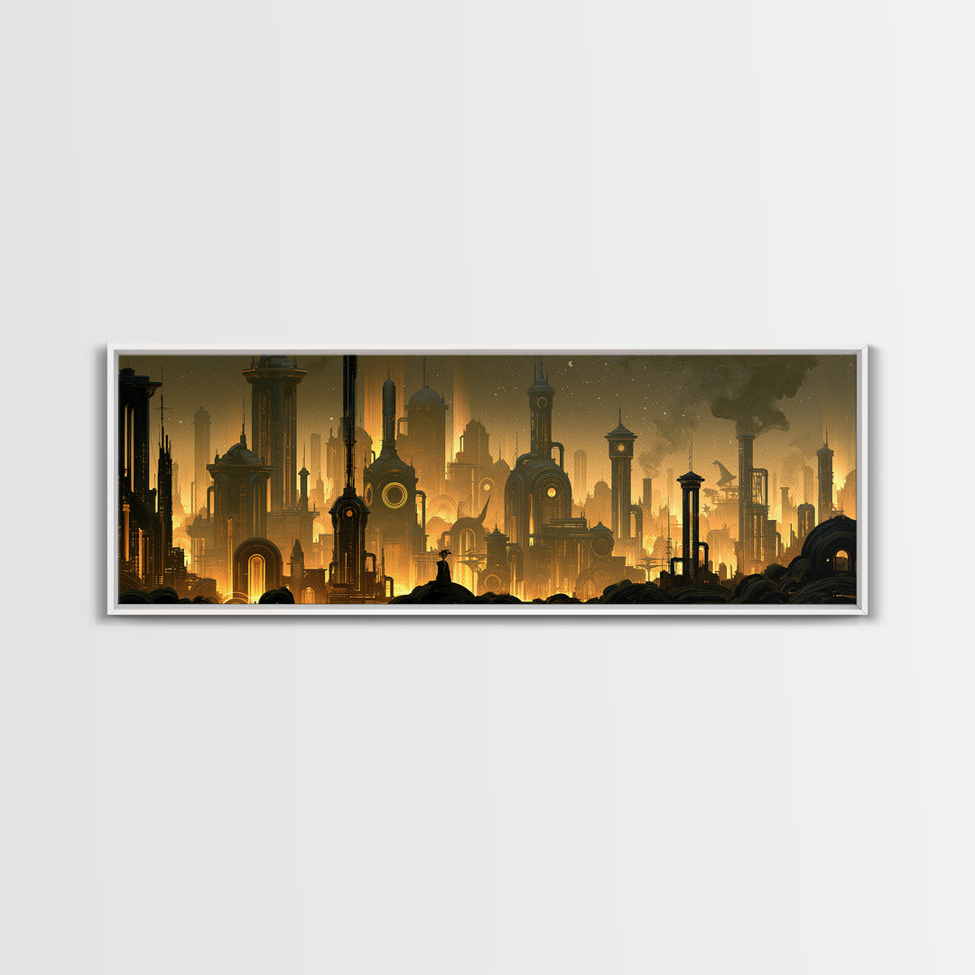 Steam Powered City Skyline Canvas Print, Steampunk Art, Dark Art, Living Room Decor, Abstract Art, Mechanic, Minimalist Decor, STE-3x1-85